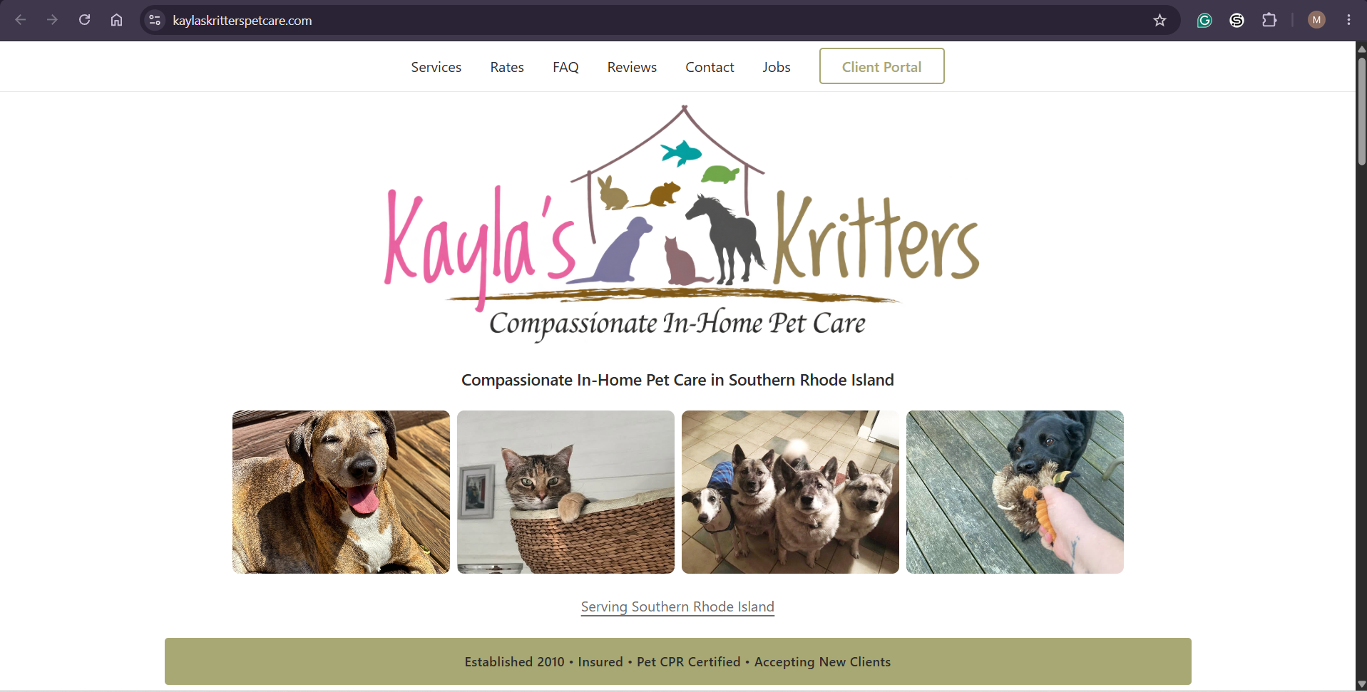 Kayla's Kritters Pet Care website screenshot